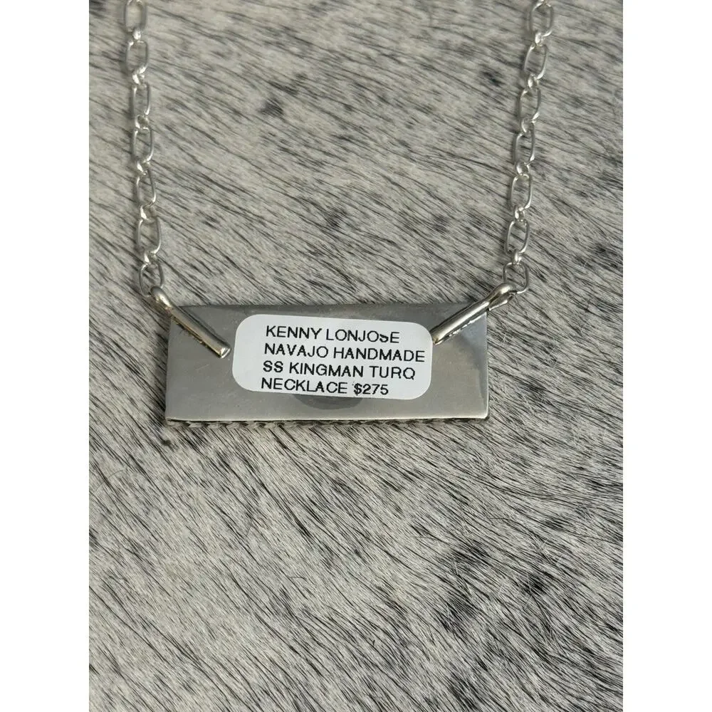 Native Navajo Handmade Sterling Kenny Longjose Kingman Turquoise Bar Necklace - Picture 5 of 10